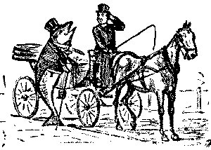 Cartoon. Salmon by a horse drawn carriage.