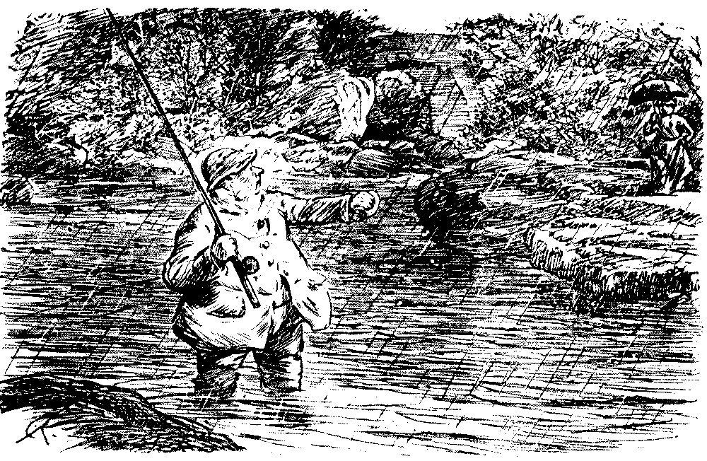 Angler in pouring rain.