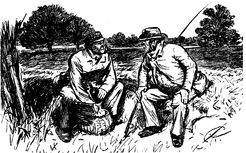 Two men sitting on a river bank.