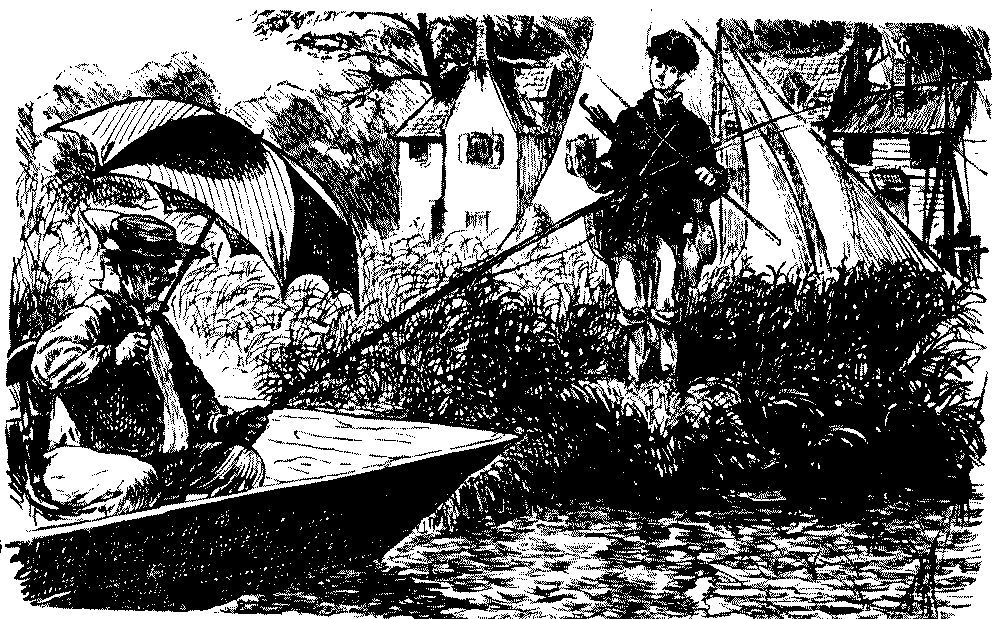 Boy quizzing man in punt.
