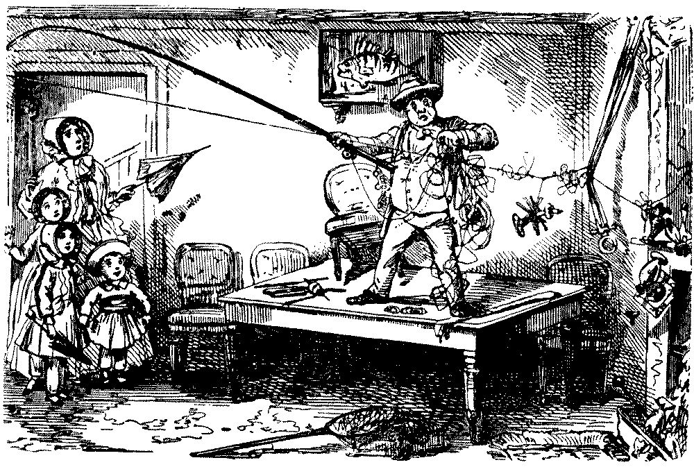 Man standing on table with fishing tackle.