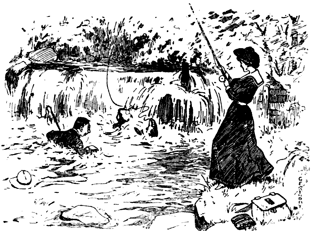 Lady urging swimmer in river.
