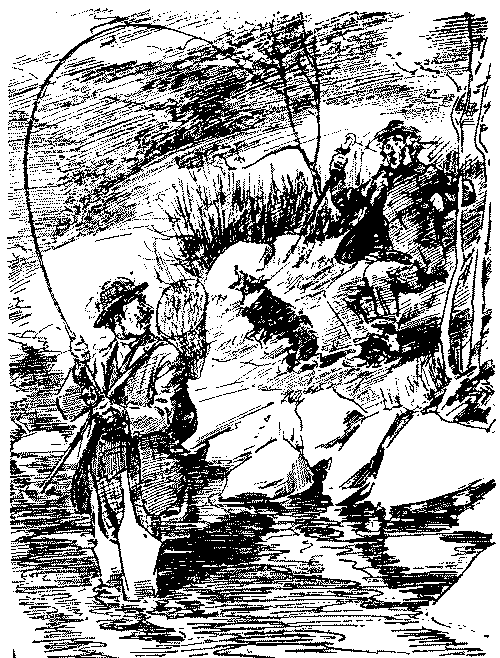 Angler with line caught in trees.