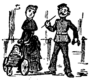 Man talking to lady with child in carriage.