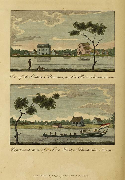 View of the Estate Alkmaar, on the River Commewine. Representation of a Tent Boat, or Plantation Barge.