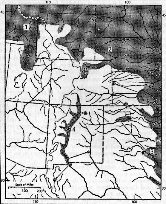 Fig. 1. Map of a part of the United States in the region of the Great Plains and Rocky Mountains, and adjacent northwestern Mexico showing supposed range (shaded) and localities of authenticated occurrence (dots) of Thamnophis sirtalis.