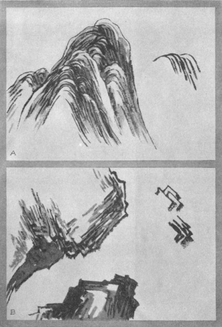 Peeled Hemp-Bark Method for Rocks and Ledges (a) The Axe strokes (b). Plate XXIII. Peeled Hemp-Bark Method for Rocks and Ledges (a) The Axe strokes (b). Plate XXIII.