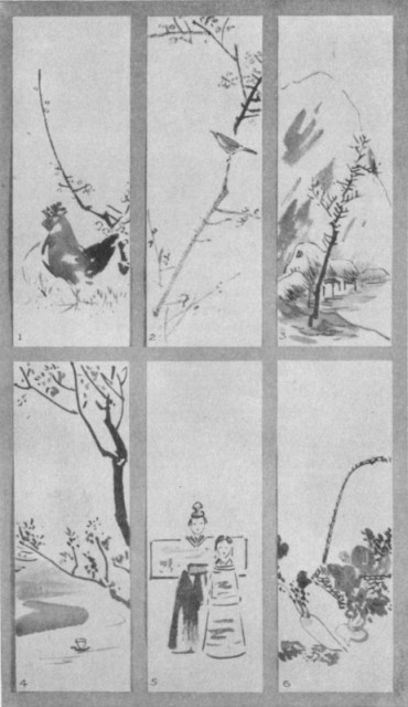 Chickens and the Plum Tree (1). Plum and Song Bird (2). Last of the Snow (3). Peach Blossoms (4). Paper Dolls (5). Nana Kusa (6). Plate LVII. Chickens and the Plum Tree (1). Plum and Song Bird (2). Last of the Snow (3). Peach Blossoms (4). Paper Dolls (5). Nana Kusa (6). Plate LVII.