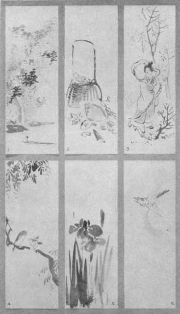 Cherry Trees (1). Ebb Tide (2). Saohime (3). Wistaria (4). Iris (5). Moon and Cuckoo (6). Plate LVIII. Cherry Trees (1). Ebb Tide (2). Saohime (3). Wistaria (4). Iris (5). Moon and Cuckoo (6). Plate LVIII.
