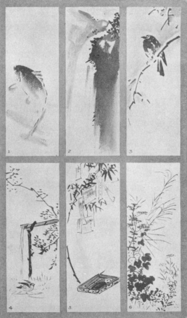 Carp (1). Waterfall (2). Crow and Snow (3). Kakehi (4). Tanabata (5). Autumn Grasses (6). Plate LIX. Carp (1). Waterfall (2). Crow and Snow (3). Kakehi (4). Tanabata (5). Autumn Grasses (6). Plate LIX.