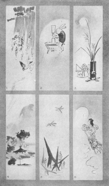 Stacked Rice and Sparrows (1). Rabbit in the Moon (2). Megetsu (3). Mist Showers (4). Water Grasses (5). Joga (6). Plate LX. Stacked Rice and Sparrows (1). Rabbit in the Moon (2). Megetsu (3). Mist Showers (4). Water Grasses (5). Joga (6). Plate LX.
