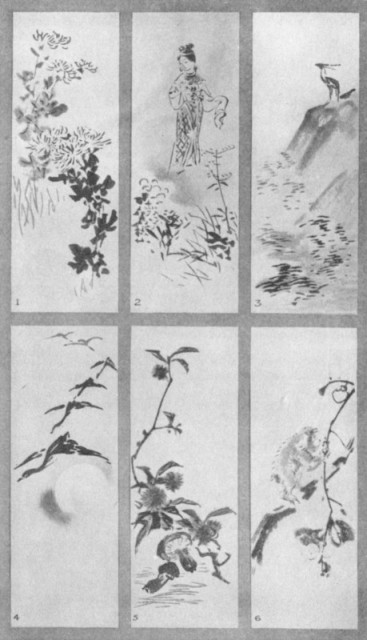 Chrysanthemum (1). Tatsutahime (2). Deer and Maples (3). Geese and the Moon (4). Fruits of Autumn (5). Monkey and Persimmons (6). Plate LXI. Chrysanthemum (1). Tatsutahime (2). Deer and Maples (3). Geese and the Moon (4). Fruits of Autumn (5). Monkey and Persimmons (6). Plate LXI.