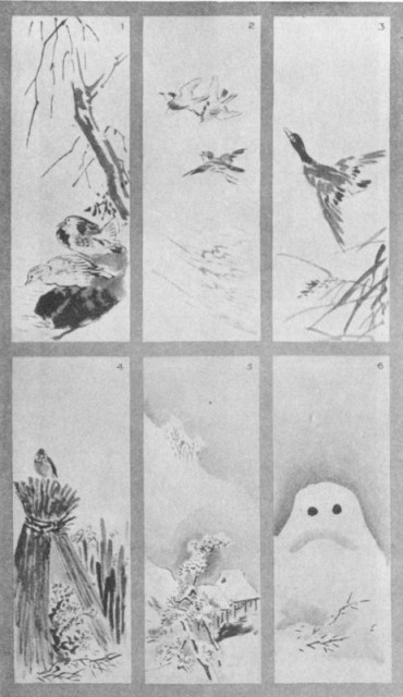 Mandarin Ducks (1). Chi Dori (2). Duck Flying (3). Snow Shelter (4). Snow Scene (5). Snow Daruma (6). Plate LXIII. Mandarin Ducks (1). Chi Dori (2). Duck Flying (3). Snow Shelter (4). Snow Scene (5). Snow Daruma (6). Plate LXIII.