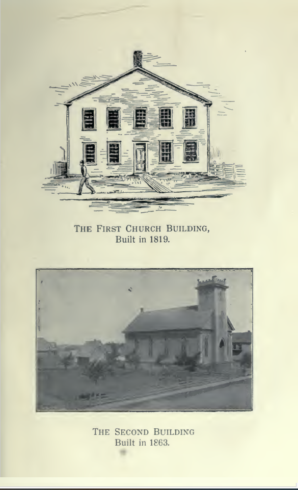 The first church building, built in 1819, and the second building, built in 1863.