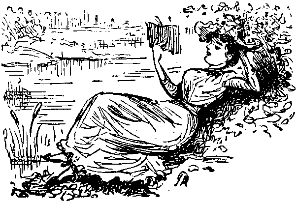 Woman reading while reclining by a pond
