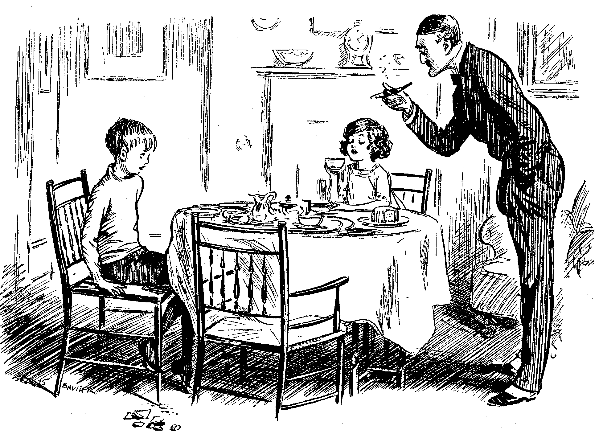 Father (to troublesome small boy). 'NOW LOOK HERE, TONY. I SHAN'T WARN YOU AGAIN. THE VERY NEXT TIME YOU MISBEHAVE YOU GO STRAIGHT UPSTAIRS TO BED.