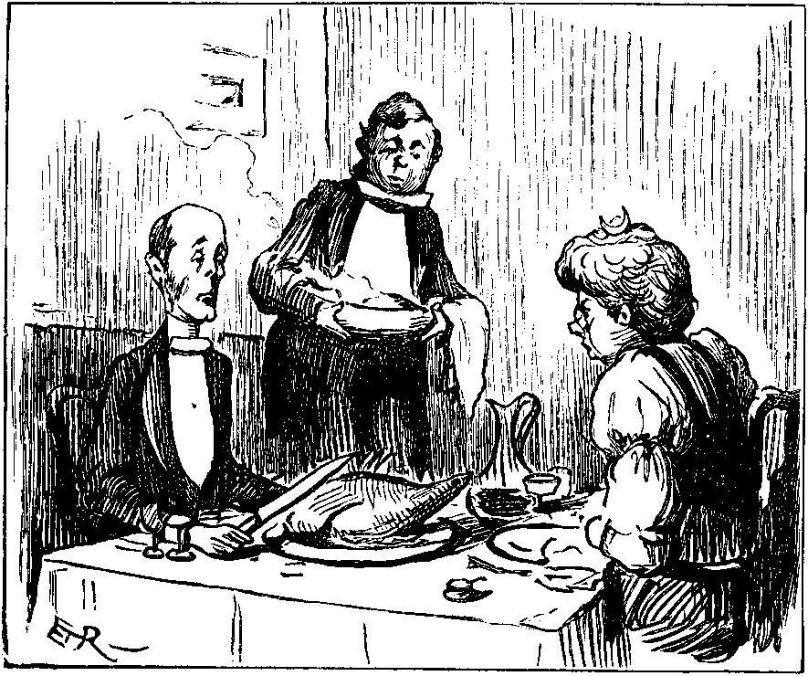 Binns the butler has laid a dish before the Spratts.