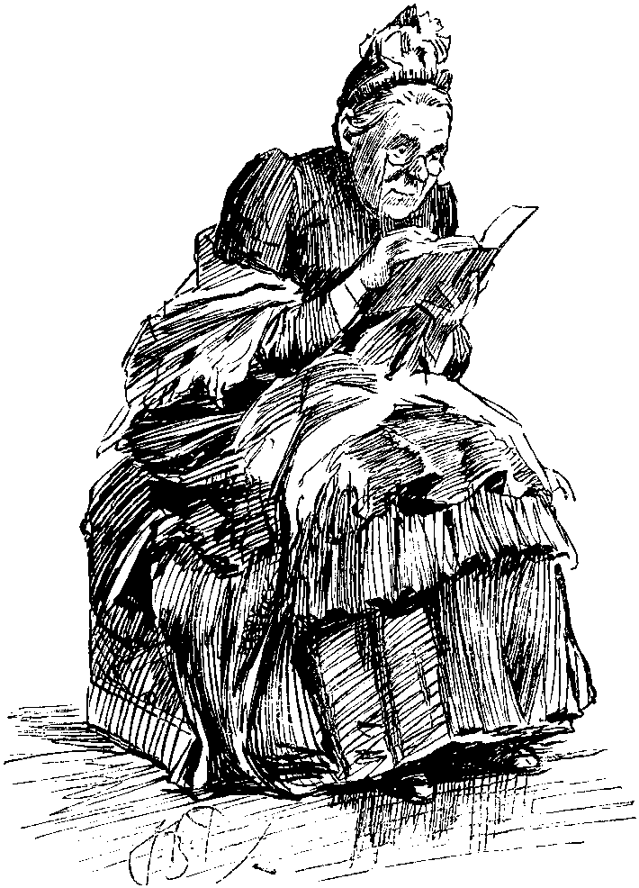 'An elderly Englishwoman is sitting on her trunk.'