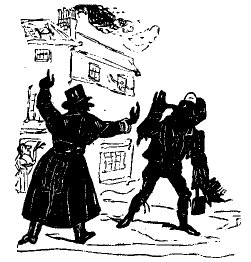 A man thumbs his nose at another man who is pointing towards a building on fire.