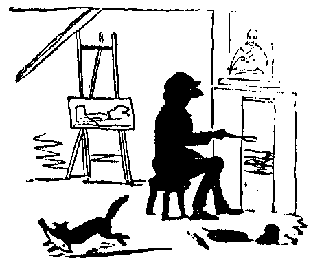 An artist sits at a fire while a cat runs away with a fish.