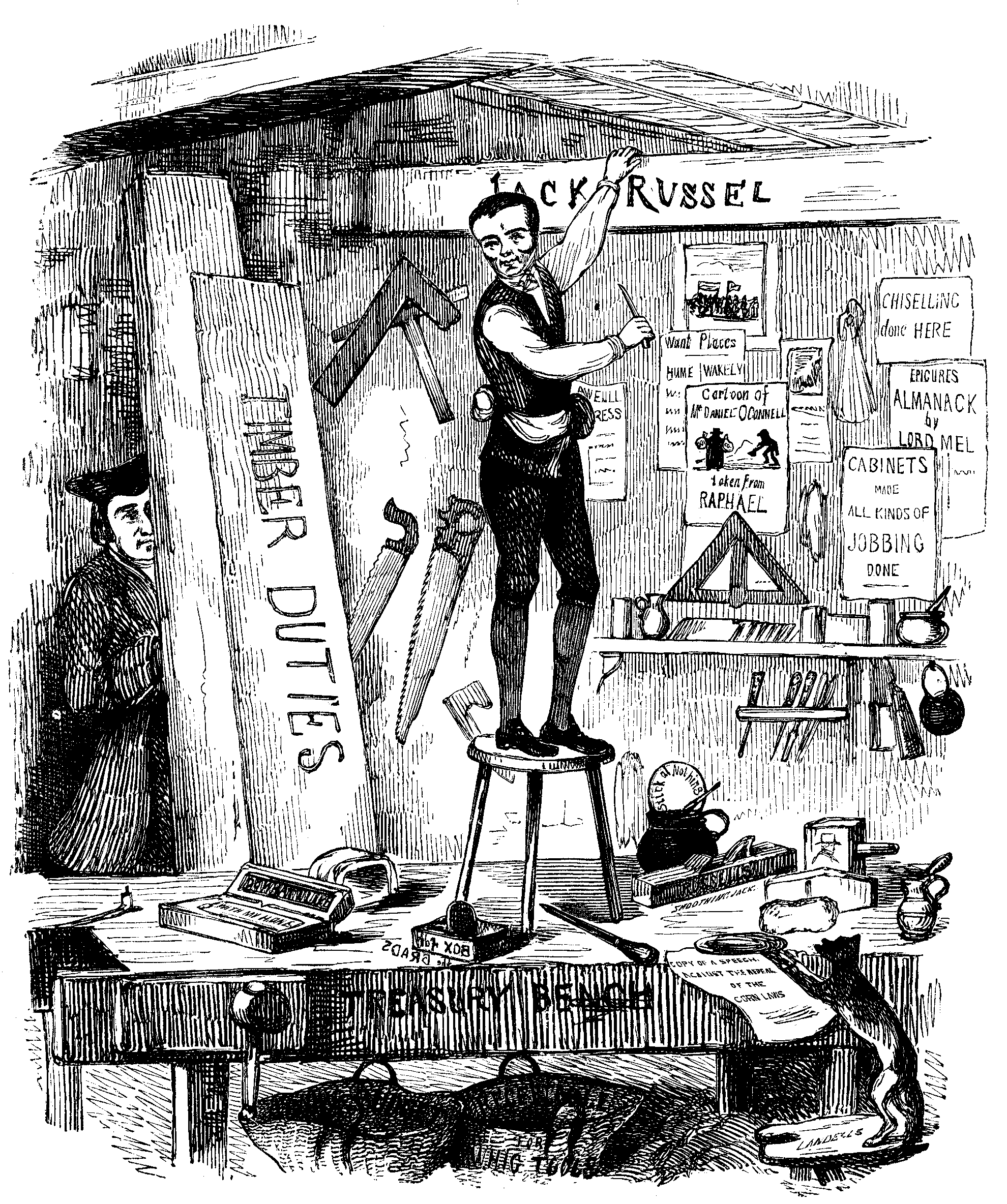 A man carves 'Jack Russell' on a beam. Another beam is marked 'Timber Duties.'
