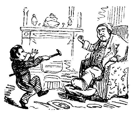 A boy runs off with the cane of a man seated with his bandaged foot on a stool.