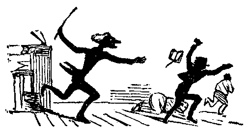 A man chases after another with a stick.