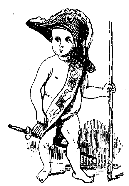 A toddler in Napoleonic hat and sash.