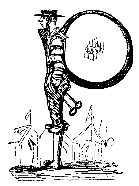 A man with a bass drum on his back forms a letter P.