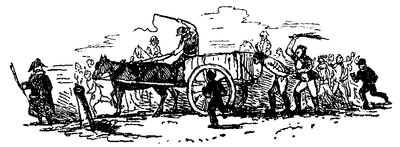 A wagon followed by slaves and men wielding whips.