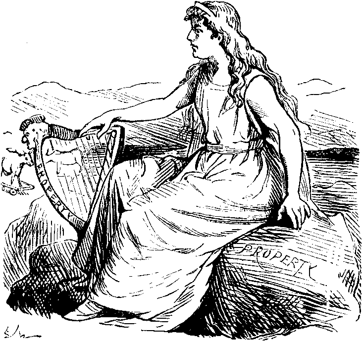 Isolde, seated on a sham rock, awaiting the coming of her lover. Alas! all ends unharpily!