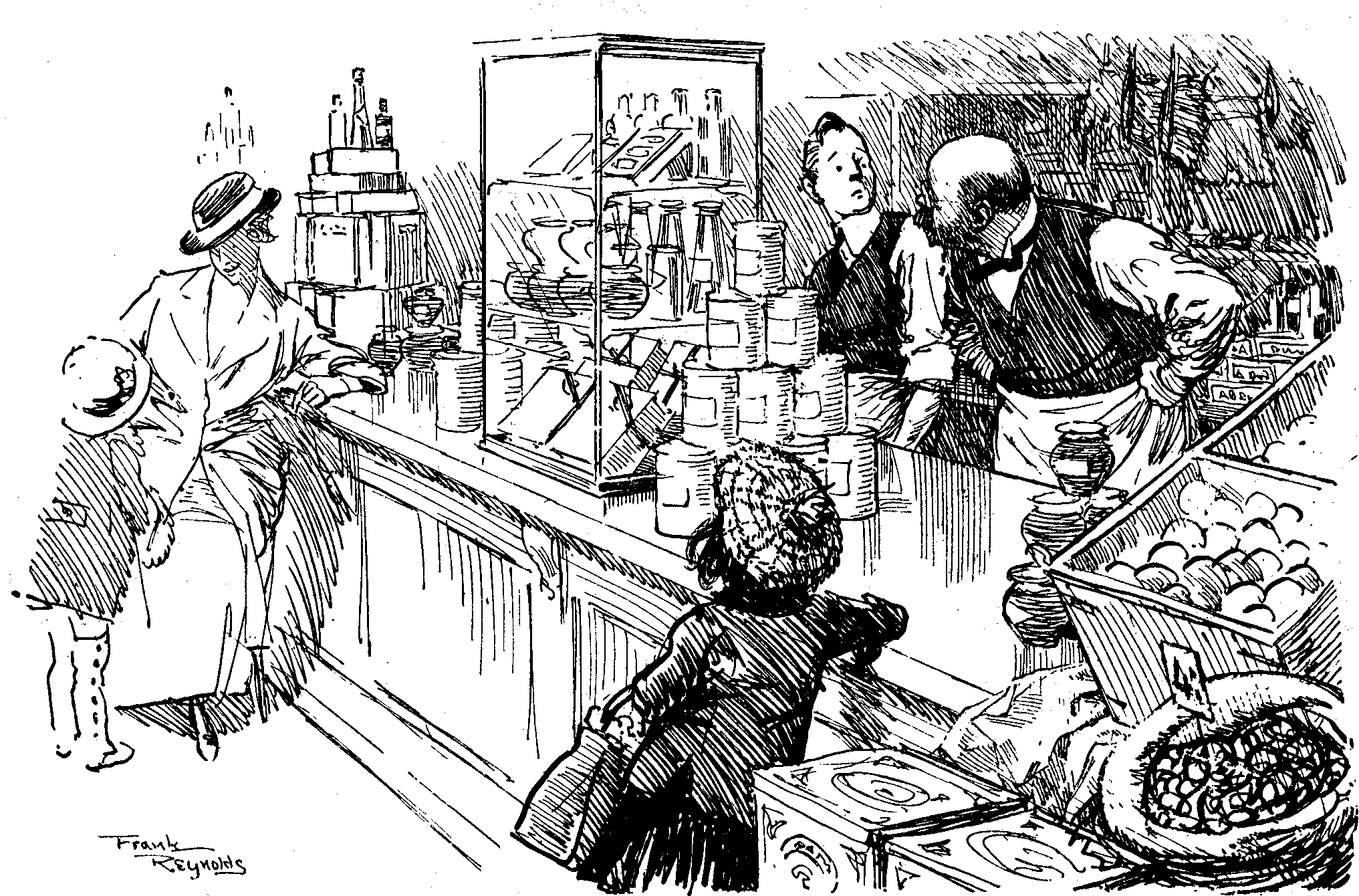 Proprietor (to assistant recently released from the Army). 'WHY, WHATEVER MADE YOU OFFER TO SEND THE GOODS HOME FOR HER? ANY FOOL COULD TELL YOU'VE BEEN OUT OF CIVILISATION DURING THE WAR.'