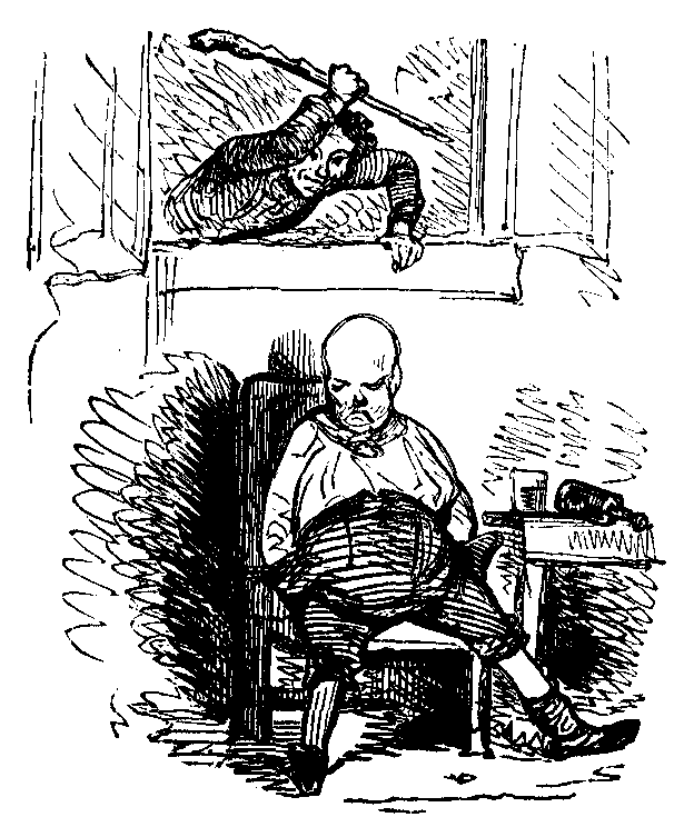 A man reaches through a window to club a seated man.