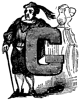 A Renaissance man stands next to a letter G.