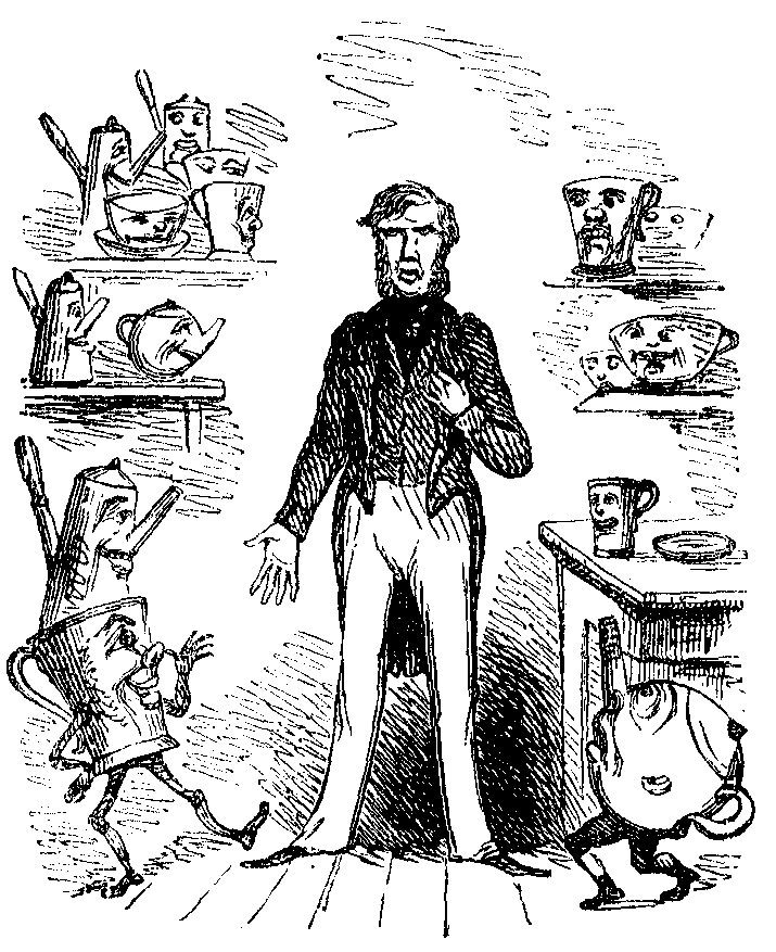 A man stands among coffee pots and cups that have faces.