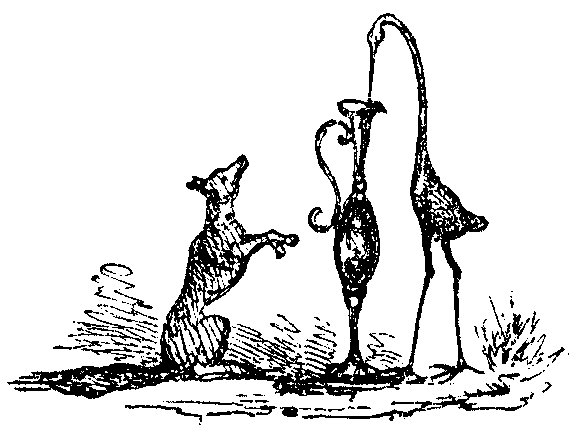 A dog looks on as a heron puts its beak into a pitcher.
