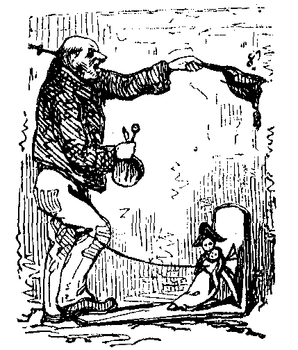 A man doffs his hat, holds a bag in his hand, and has a string attached. He forms a letter E.
