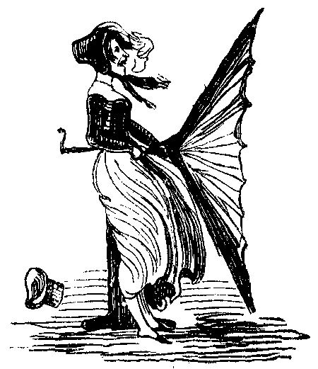 A woman and her backwards umbrella form a letter K