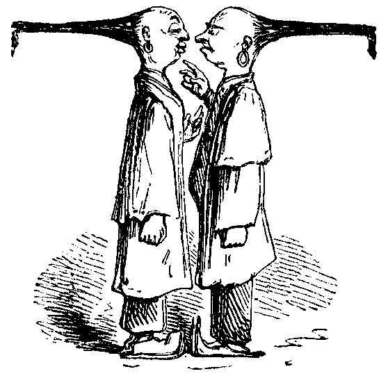 Two Chinese men stand with their queues out to form a letter T