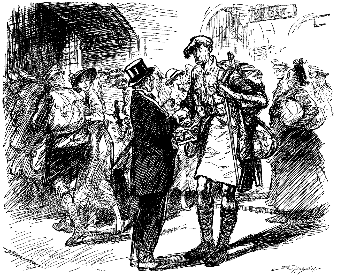 Kindly old Gentleman (distributing cigarettes to soldiers returning home on leave)...
