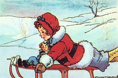 Marcella and Raggedy Andy on a sled