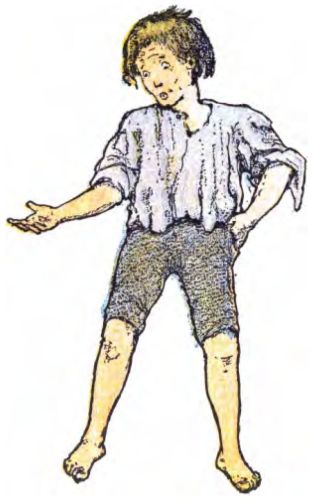 The picture shows a young boy standing and looking down at his open right hand with a surprised look on his face. He has messy brown hair and wears a loose, tattered light-blue shirt with ragged edges. He also wears dark grey pants that almost reach his knees. He is barefoot, and his left hand rests on his hip.
