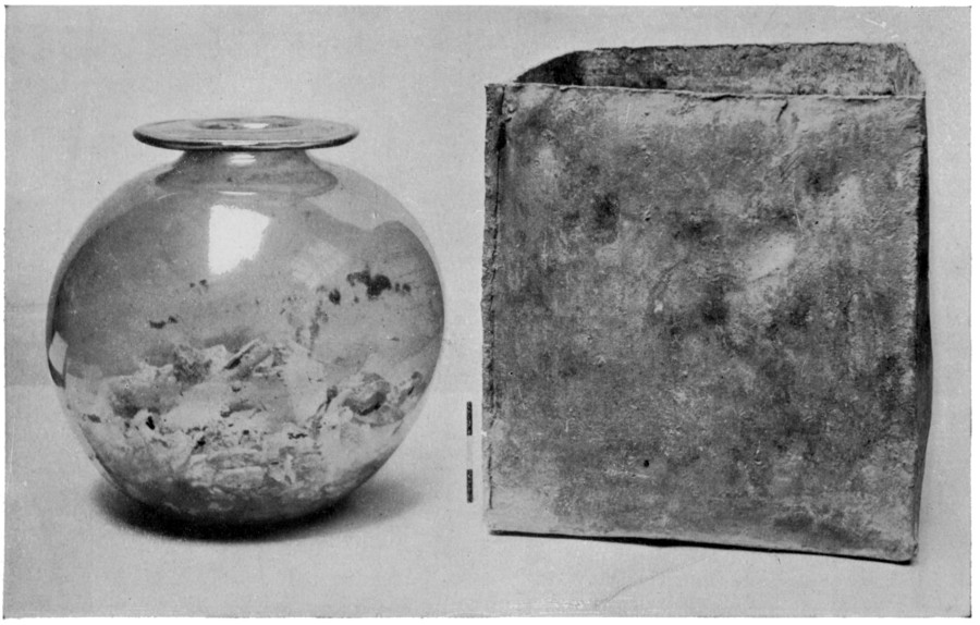 Fig. 21. Leaden Casket and Glass Sepulchral Vessel from the Mersea Burial-Mound. (p. 43)