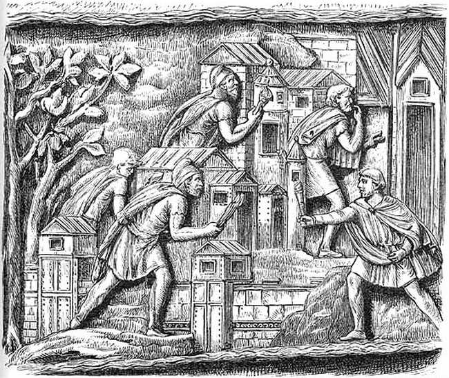 DACIANS SETTING FIRE TO THEIR CAPITAL. (FROM TRAJAN'S COLUMN.) DACIANS SETTING FIRE TO THEIR CAPITAL. (FROM TRAJAN'S COLUMN.)