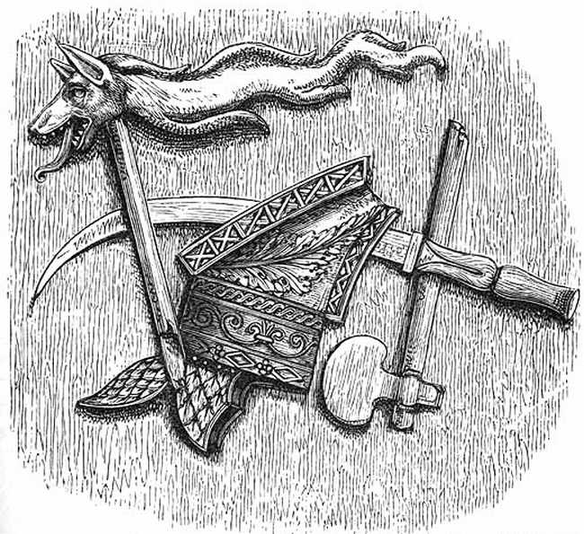 DACIAN TROPHIES. (FROM TRAJAN'S COLUMN.) DACIAN TROPHIES. (FROM TRAJAN'S COLUMN.)
