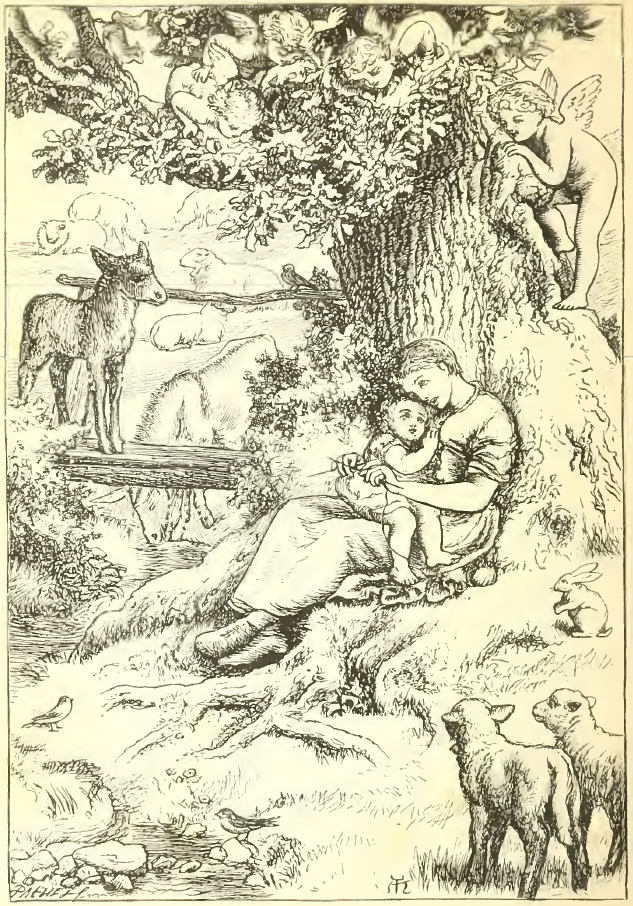 An adult holds a child under a tree, surrounded by barn animals and cherubs.