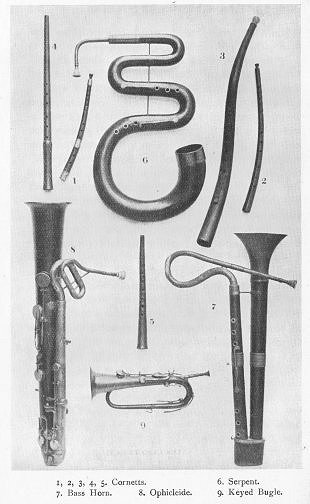 PLATE VIII. I, 2, 3, 4, 5. Cornetts. 6. Serpent. 7. Bass Horn. 8. Ophicleide. 9. Keyed Bugle