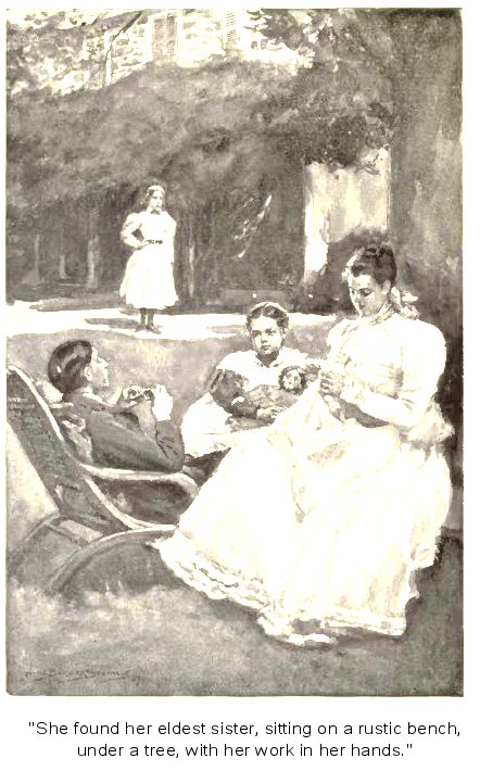 “She found her eldest sister sitting on a rustic bench under the trees, with her work in her hands”