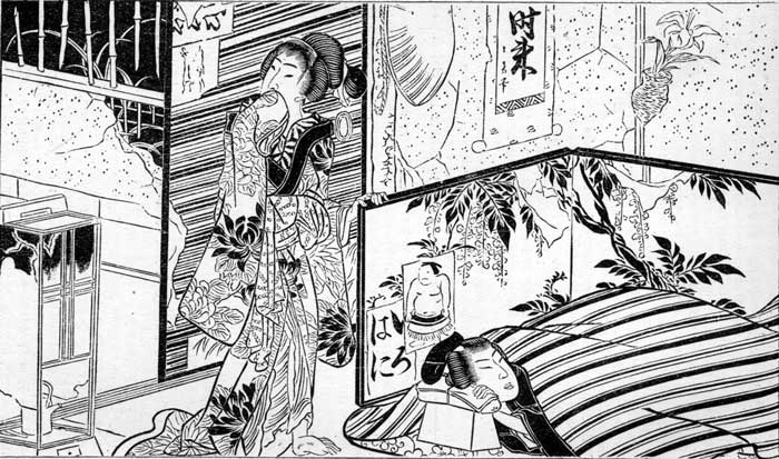 GOMPACHI AWAKENED BY THE MAIDEN IN THE ROBBERS' DEN.
