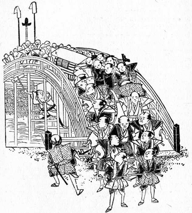 SÔGORÔ THRUSTING THE PETITION INTO THE SHOGUN'S LITTER.